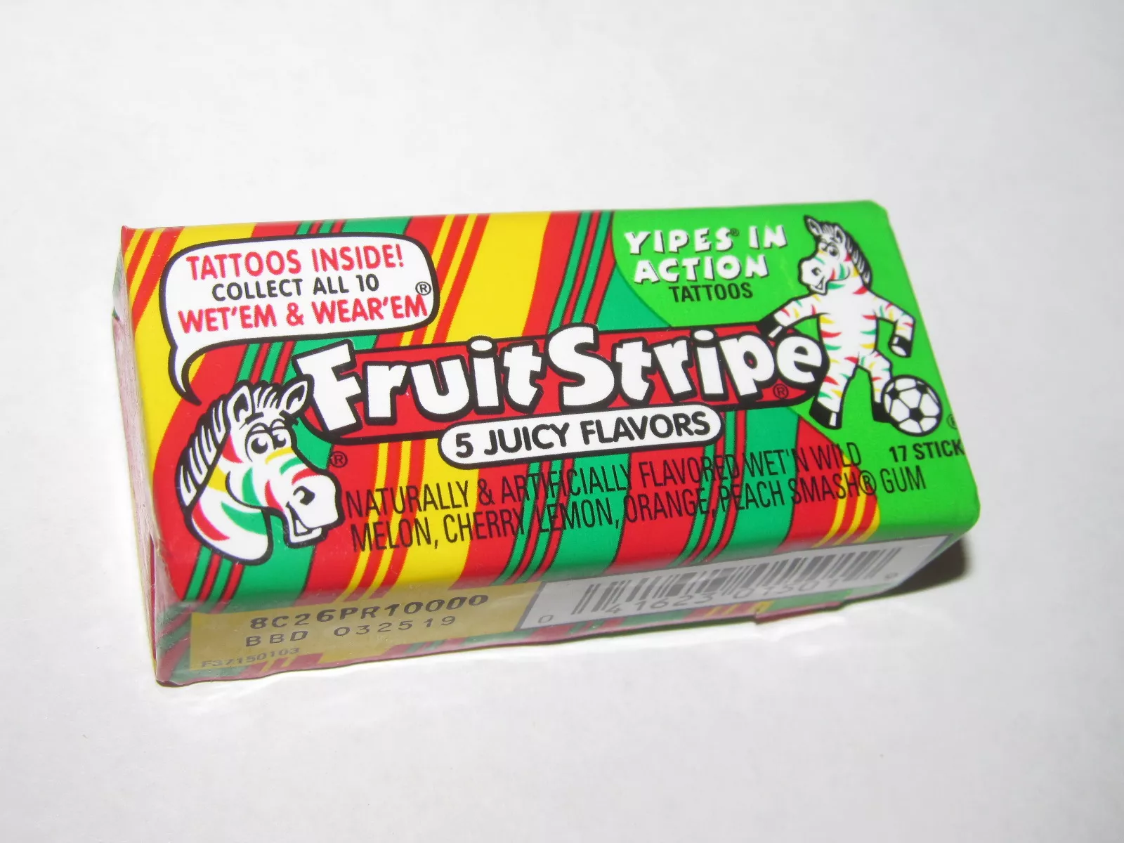 Package of Fruit Stripe Gum featuring Yipes the zebra