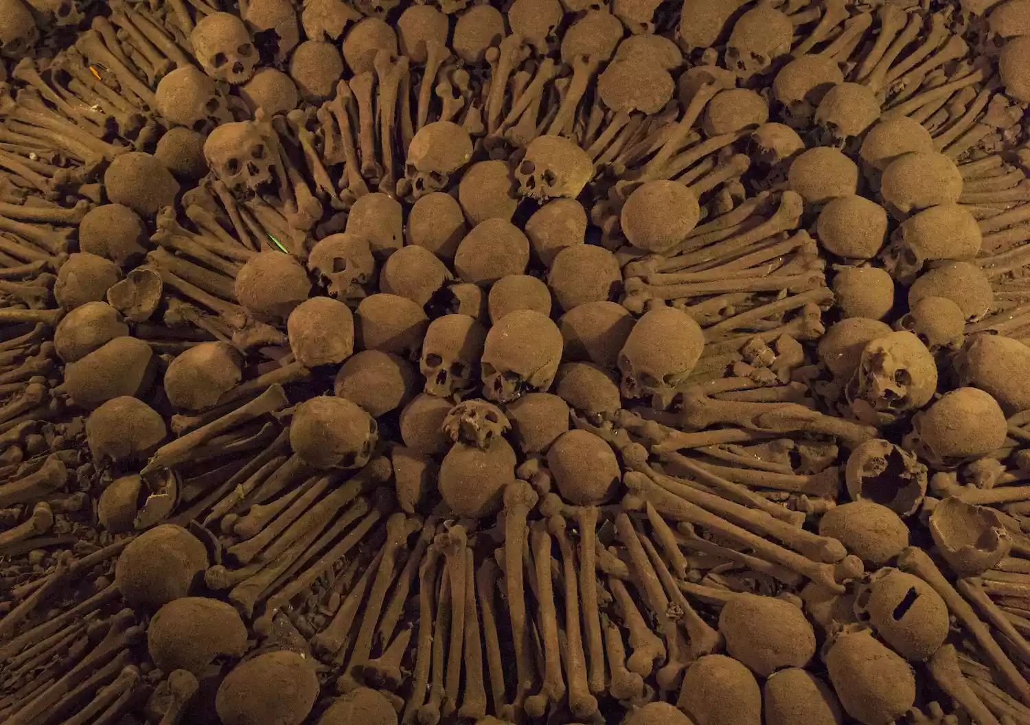 Bones and skulls laid out in an intricate design at Catacombs of Lima at the Monastery of San Francisco