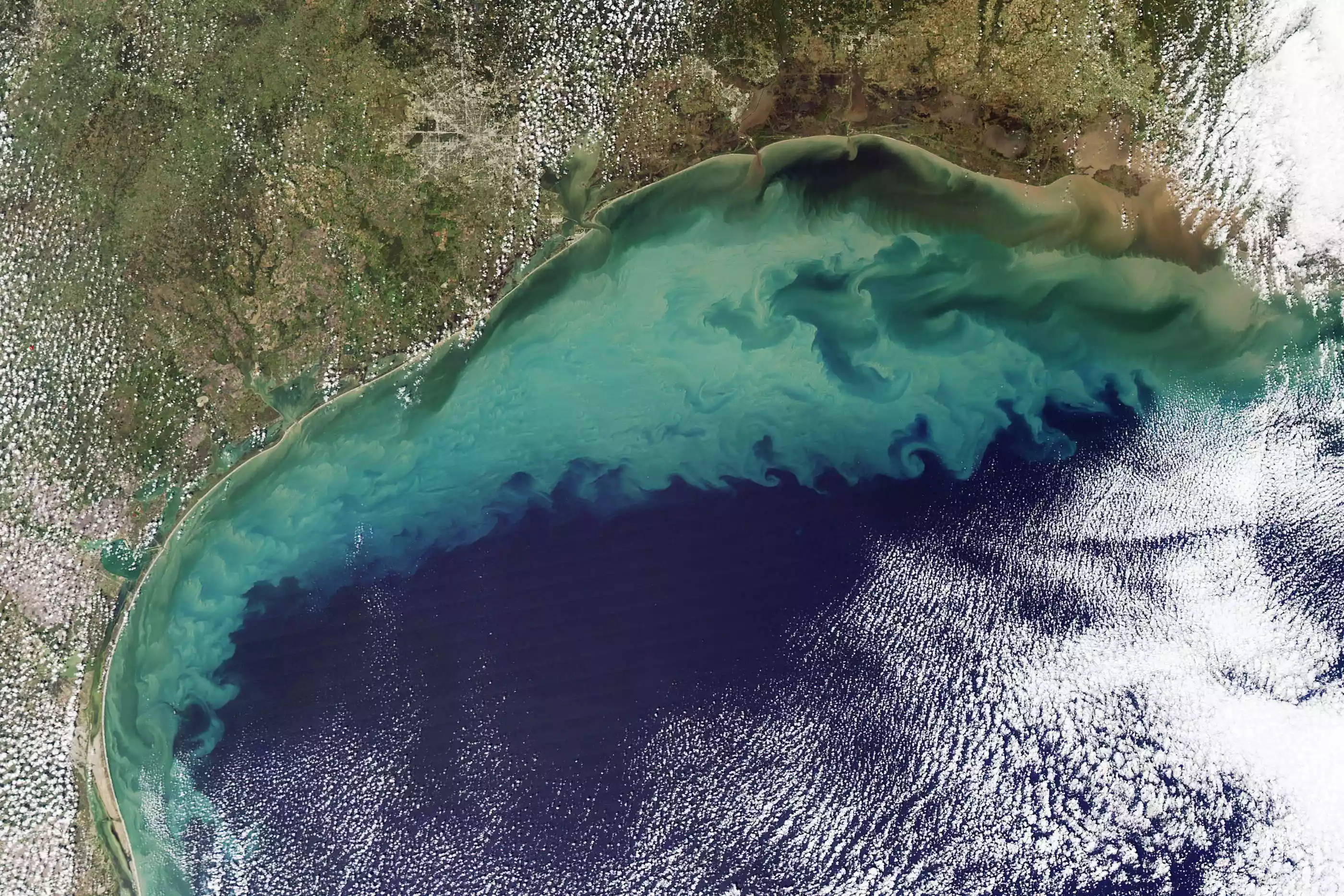 Satellite view of clouds of sediment in the Gulf of Mexico at the U.S. border