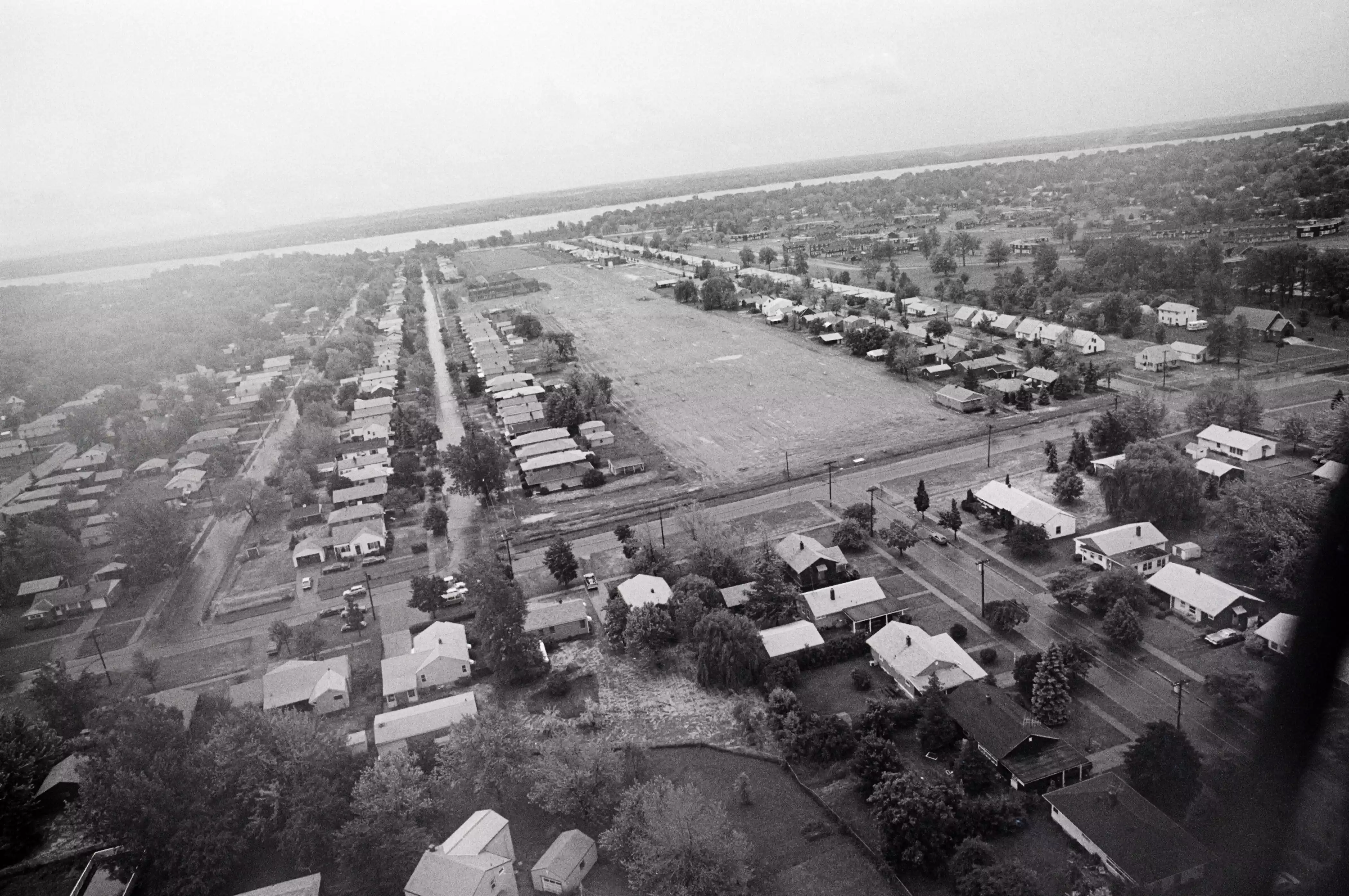 Aerial view of abandoned houses and buildings in Love Canal neighborhood