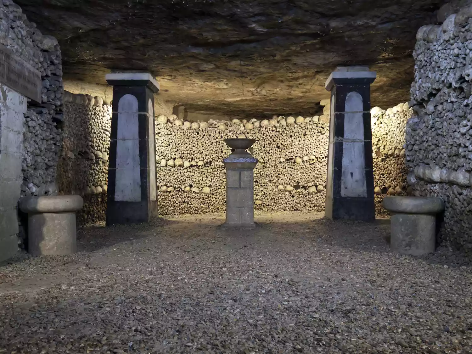 A room lined with bones in the Catacombs of Paris