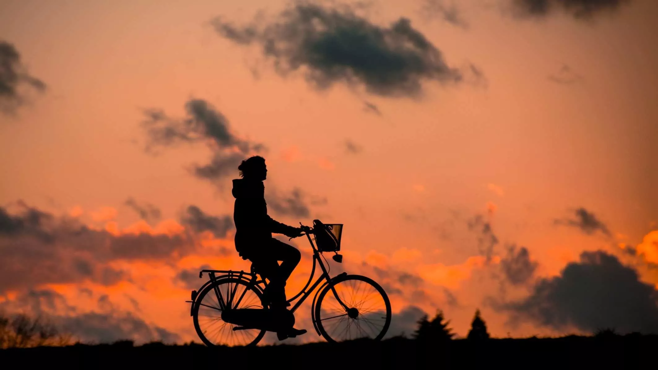 Silhouette of a person riding a bicycle against a sunset sky.