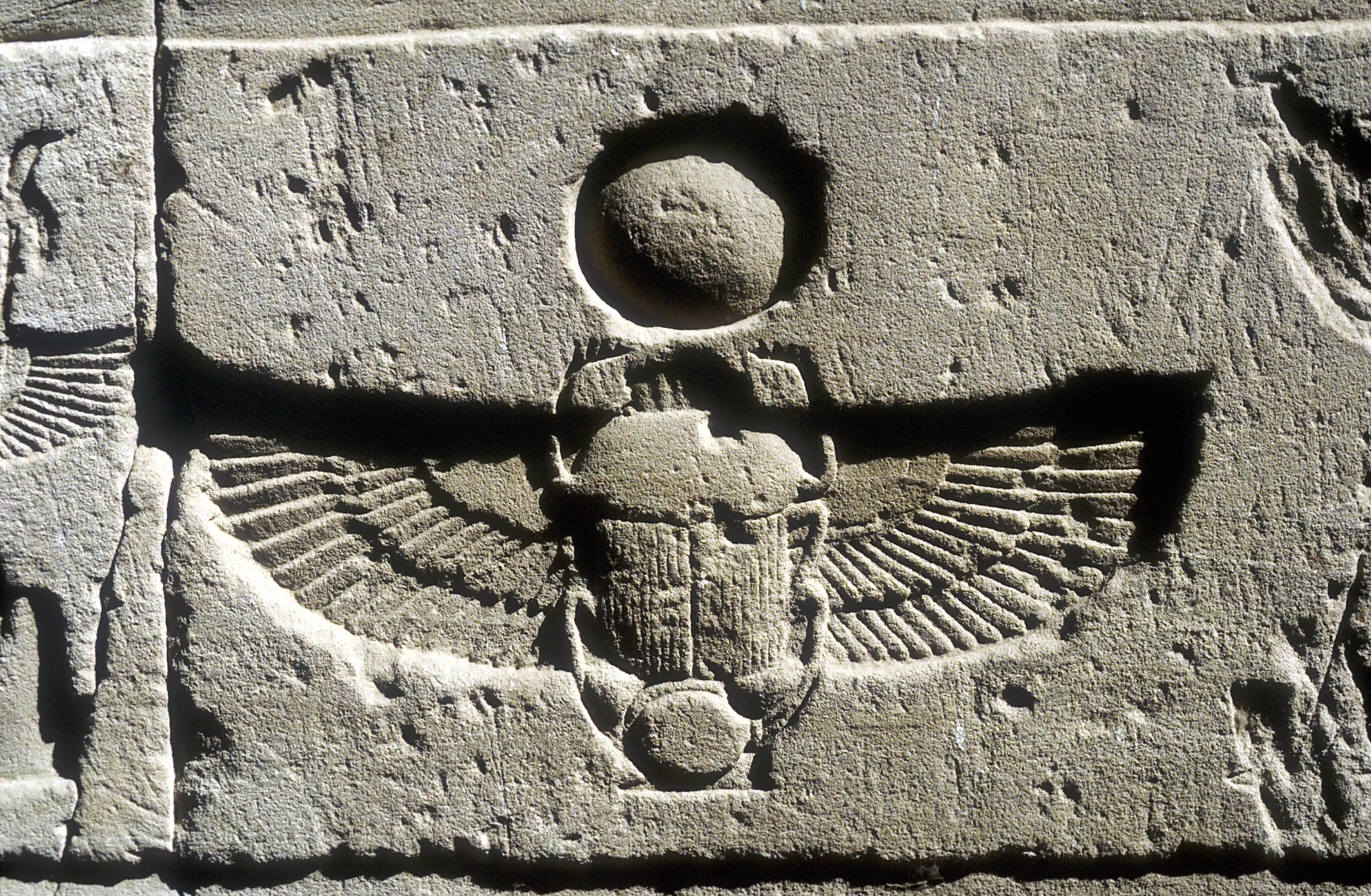 Limestone relief of a scarab beetle and vulture wings under a disk of the sun, Edfu, Egypt.