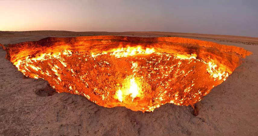 The Darvaza gas crater, or Door to Hell, in Turkmenistan