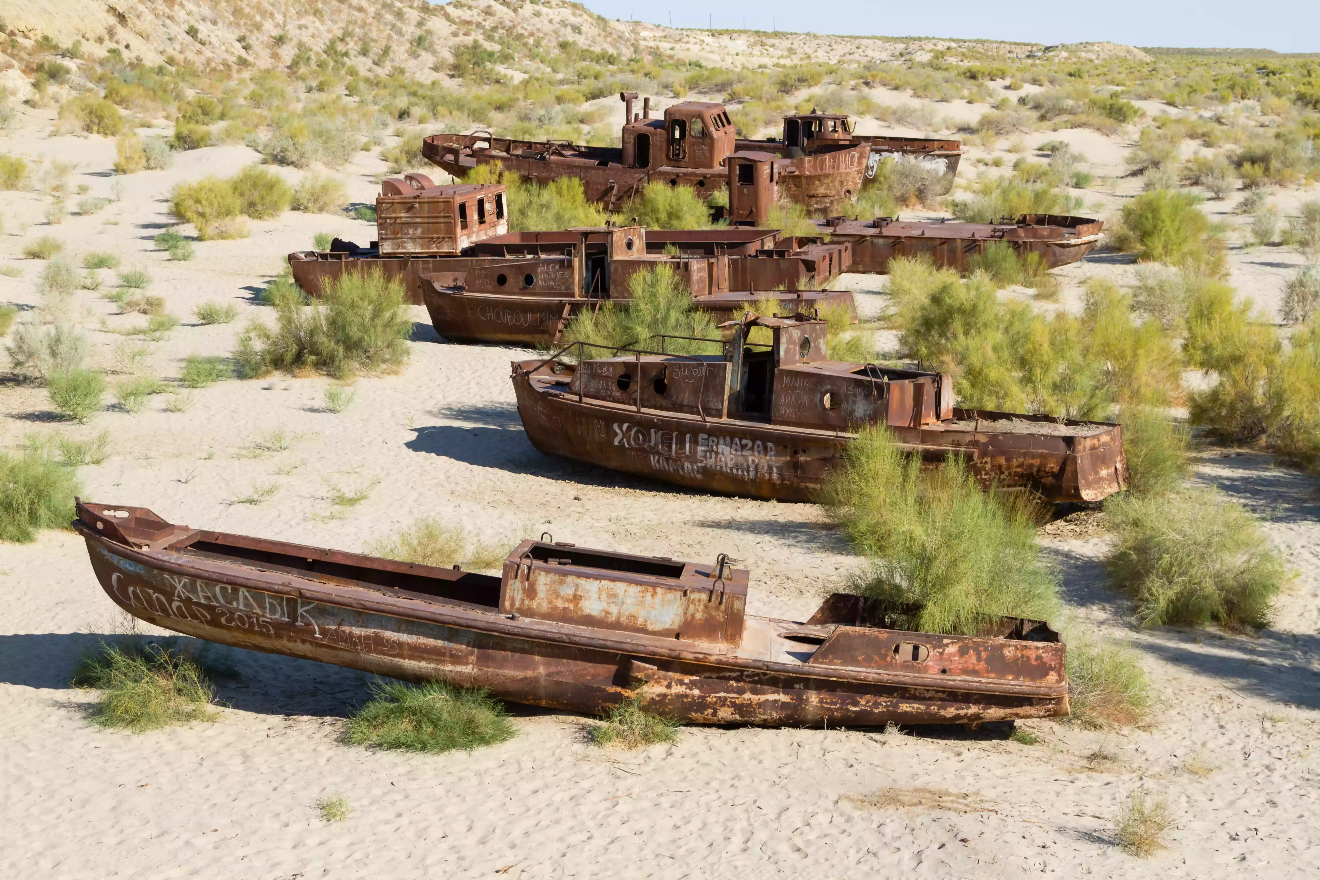 Four rusted boats in the sand of Mo‘ynoq