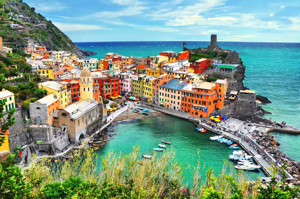 Aerial view of the colorful buildings of Cinque Terre 