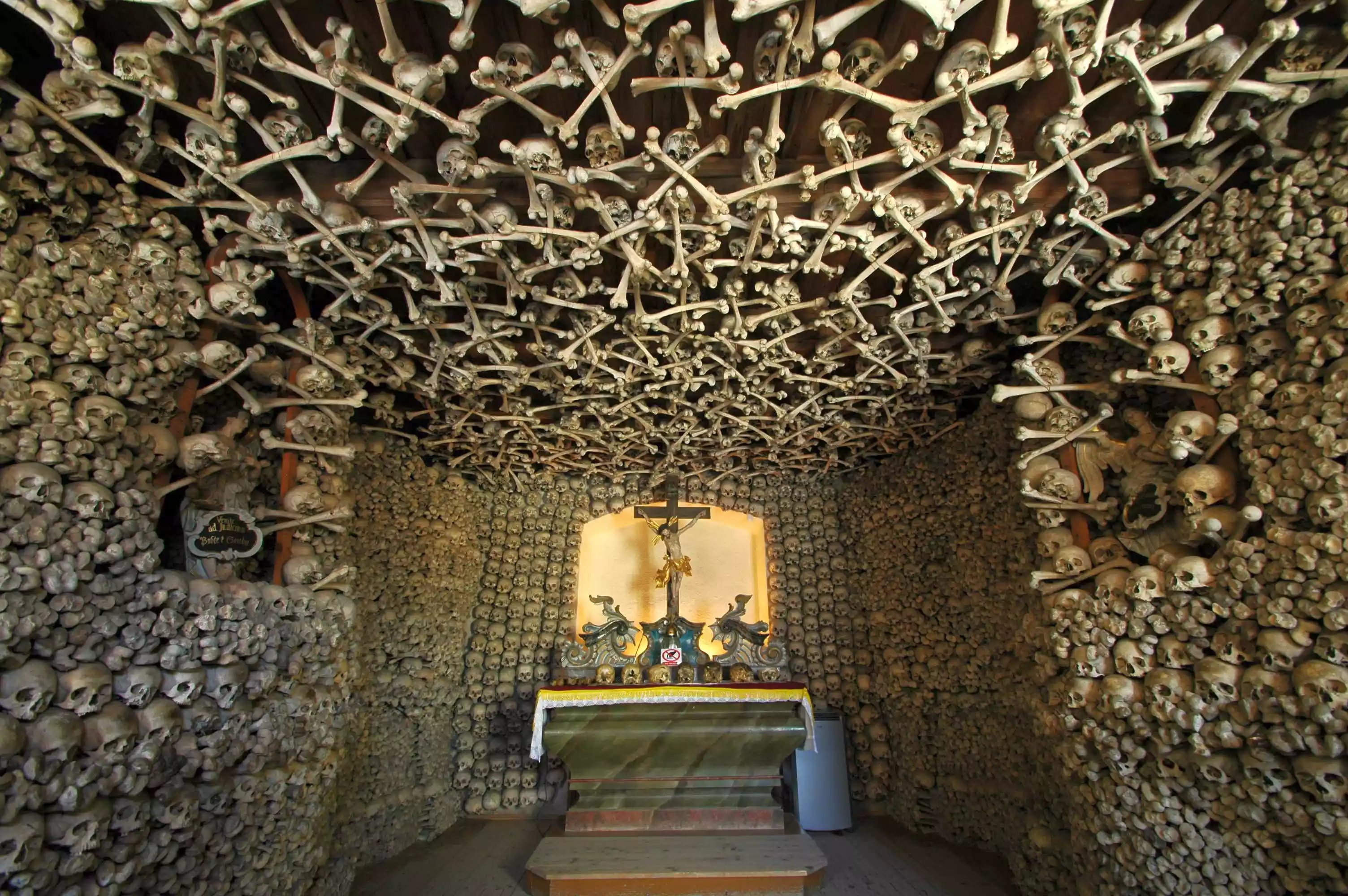 Skulls and crossbones form the wall and ceiling of the Chapel of Skulls