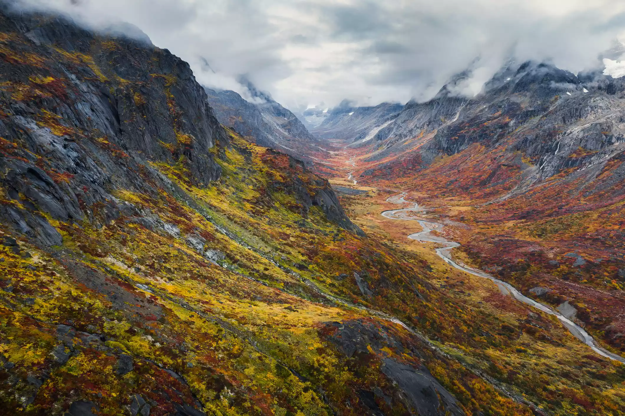 Mountains and valley with fall colors in South Greenland