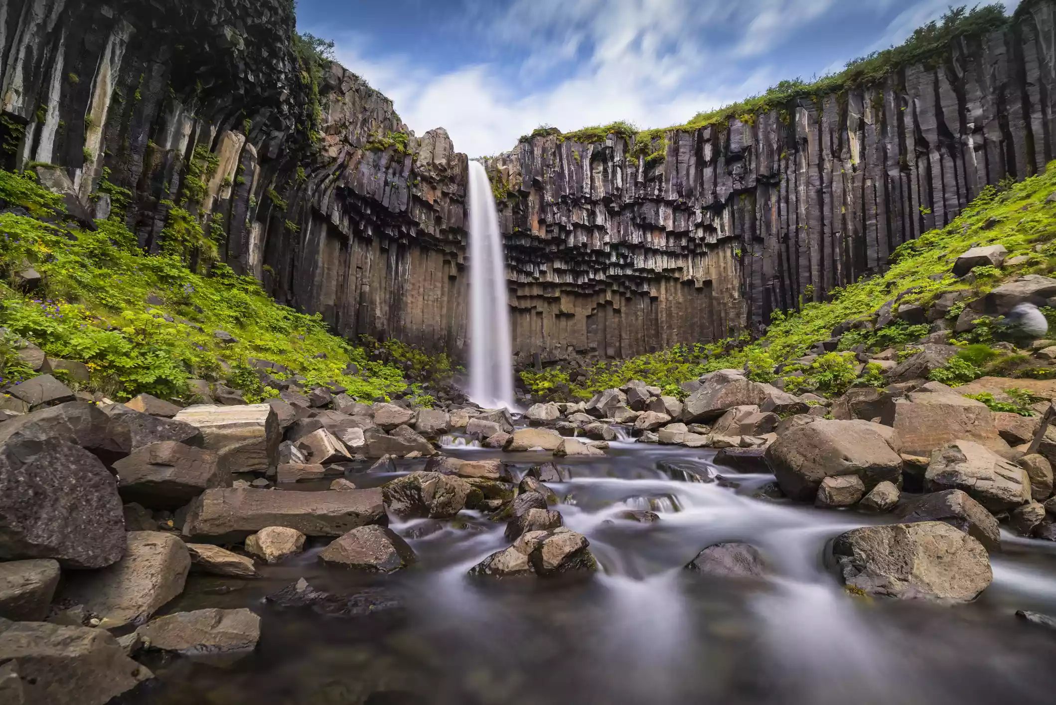 Large waterfall flanked by columnar jointed volcanic rock
