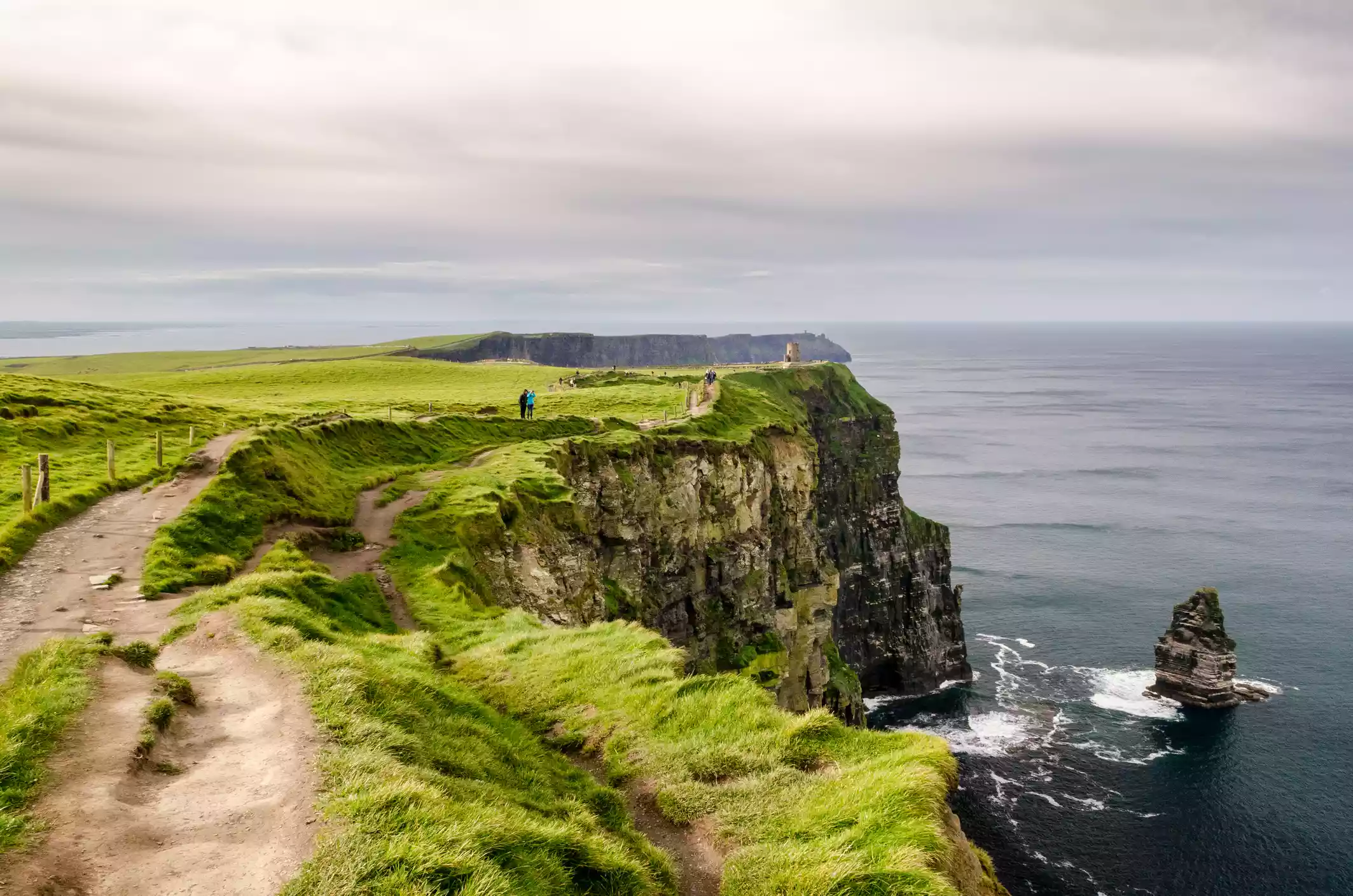 The grass-covered land above the Cliffs of Moher on a cloudy day in County Clare, Ireland