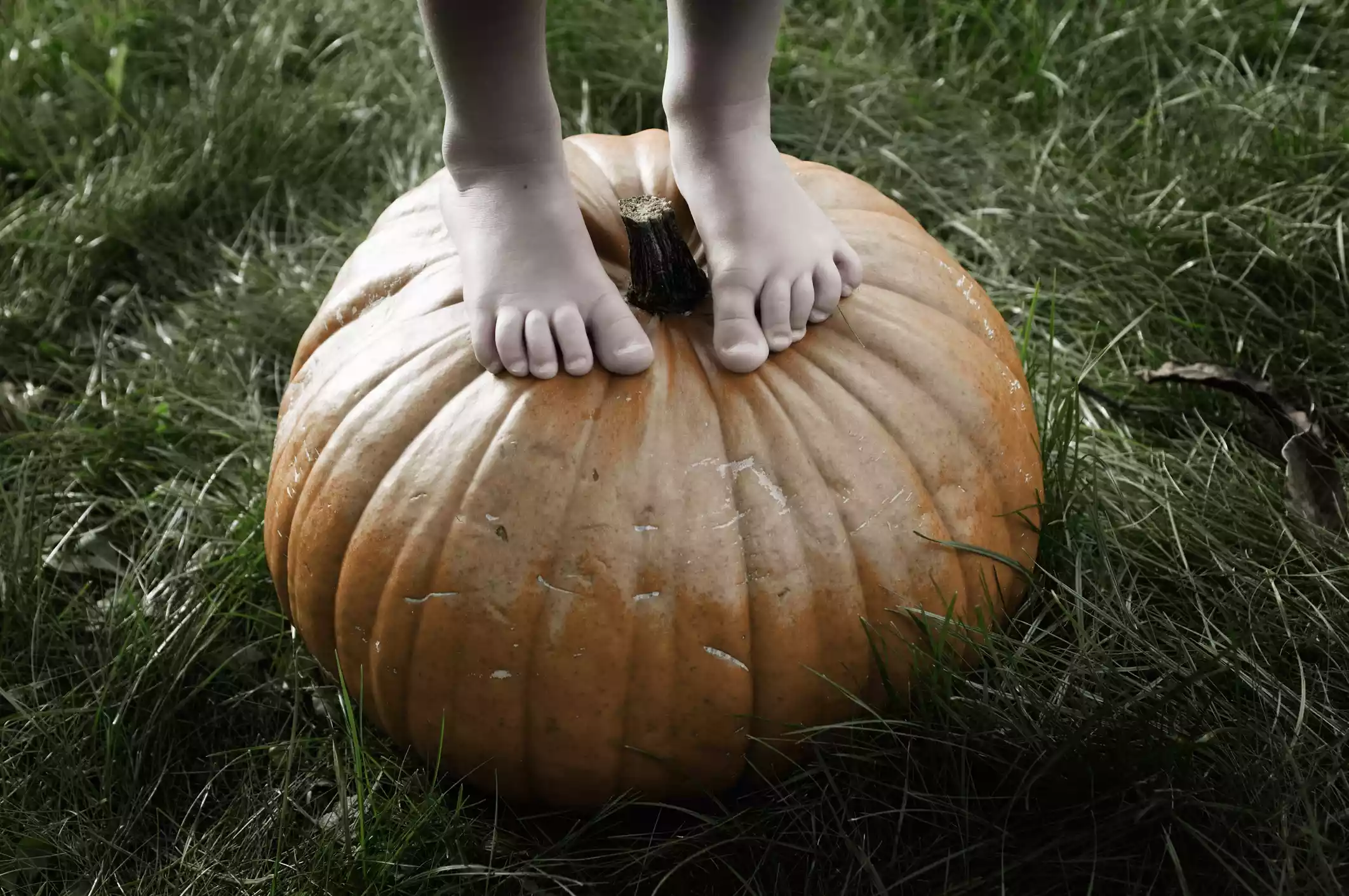 Child's feet standing on a large pumpkin outdoors.