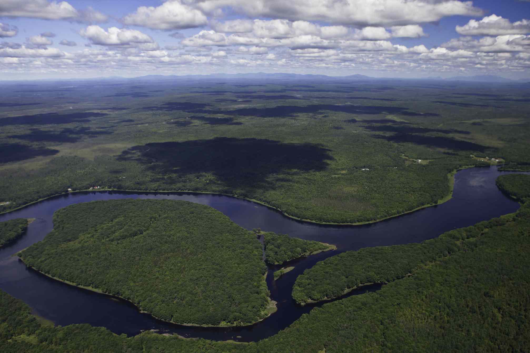 Vista aérea del río Penobscot serpenteando por el bosque