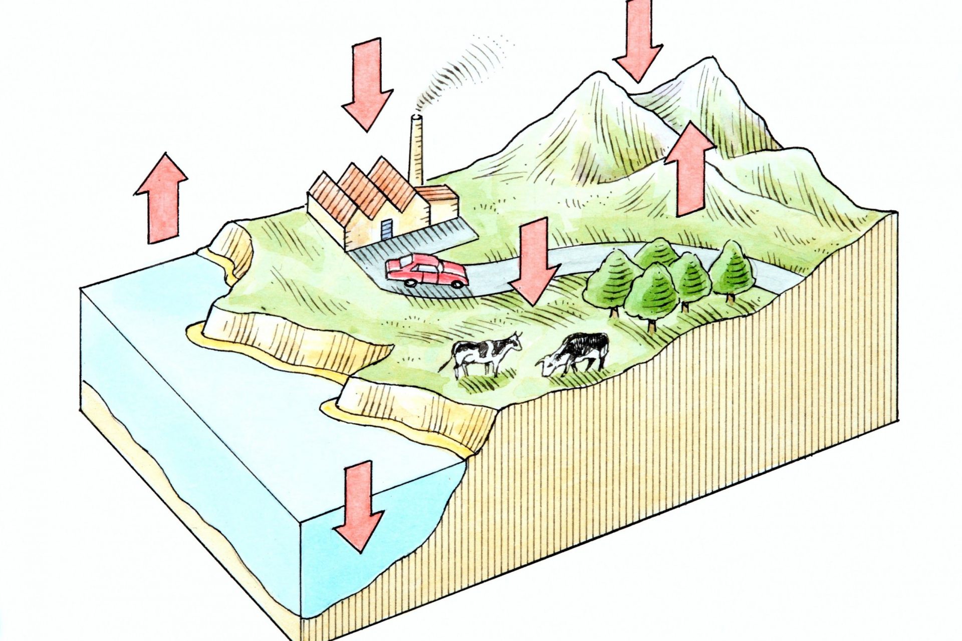 El ciclo del oxígeno mostrando la costa, las montañas y los bosques, además de las zonas rurales e industriales creadas por el hombre