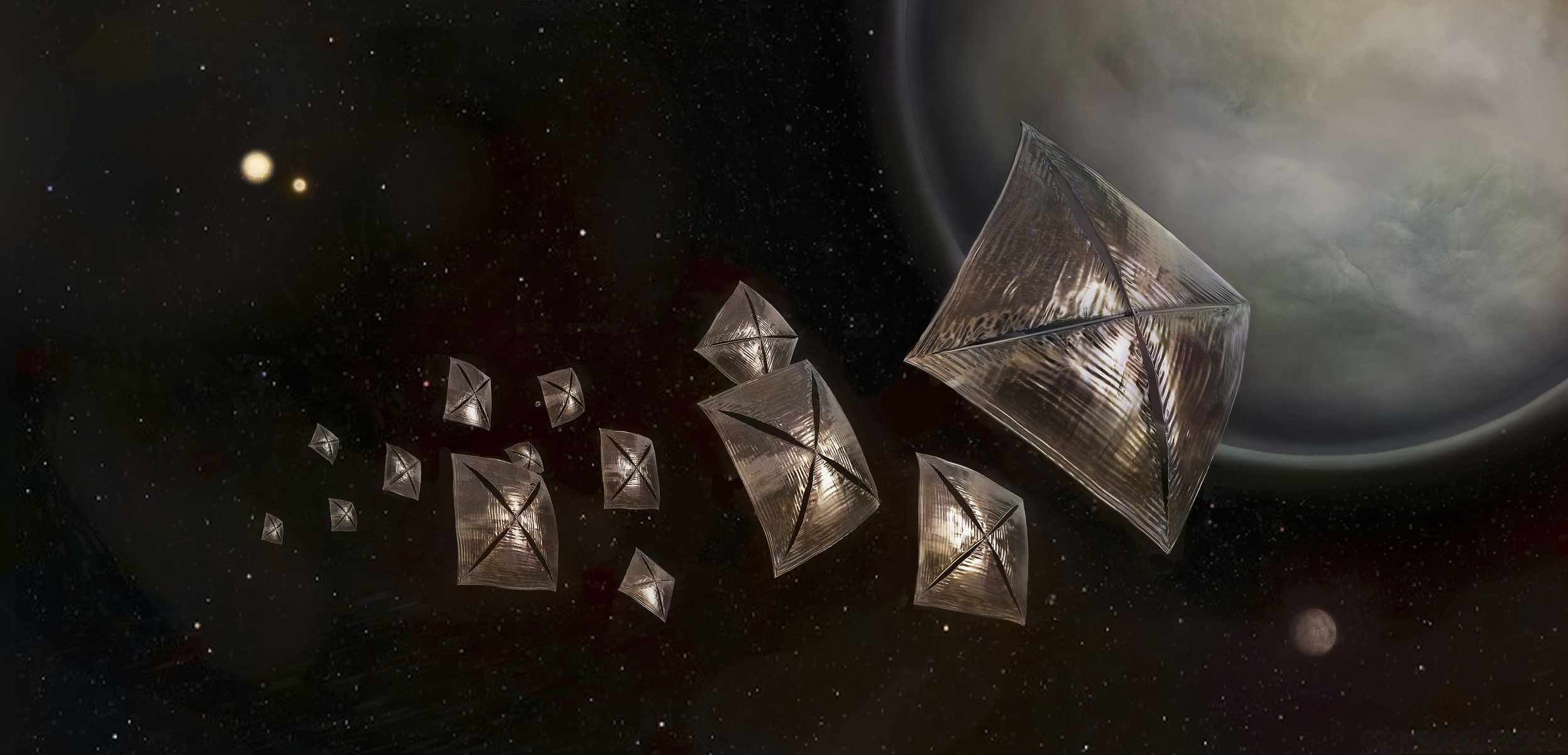 Ilustración de una futura nave de navegación solar que estudia los exoplanetas del sistema Centauri