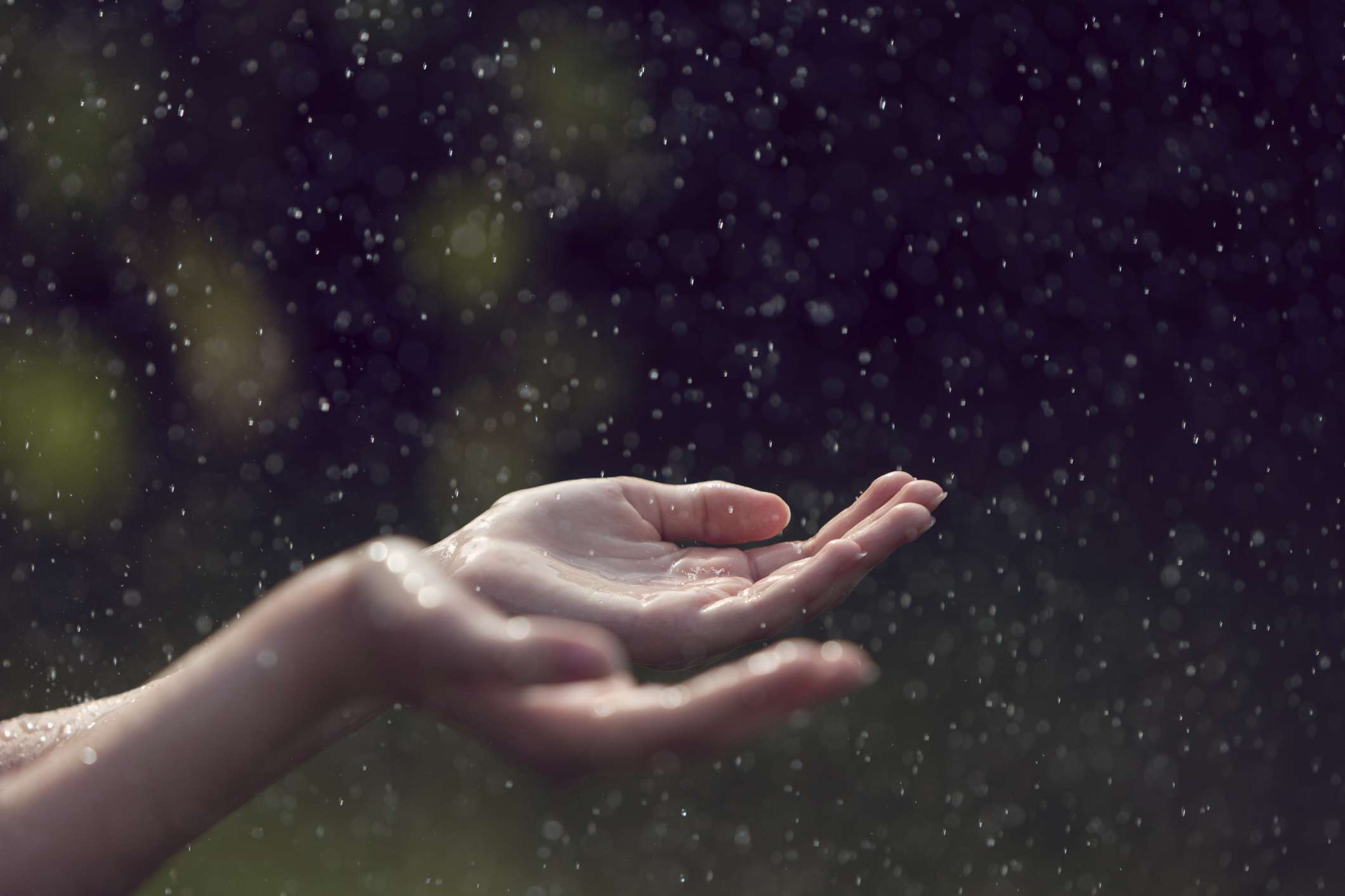 Primer plano de unas manos extendidas recogiendo gotas de lluvia