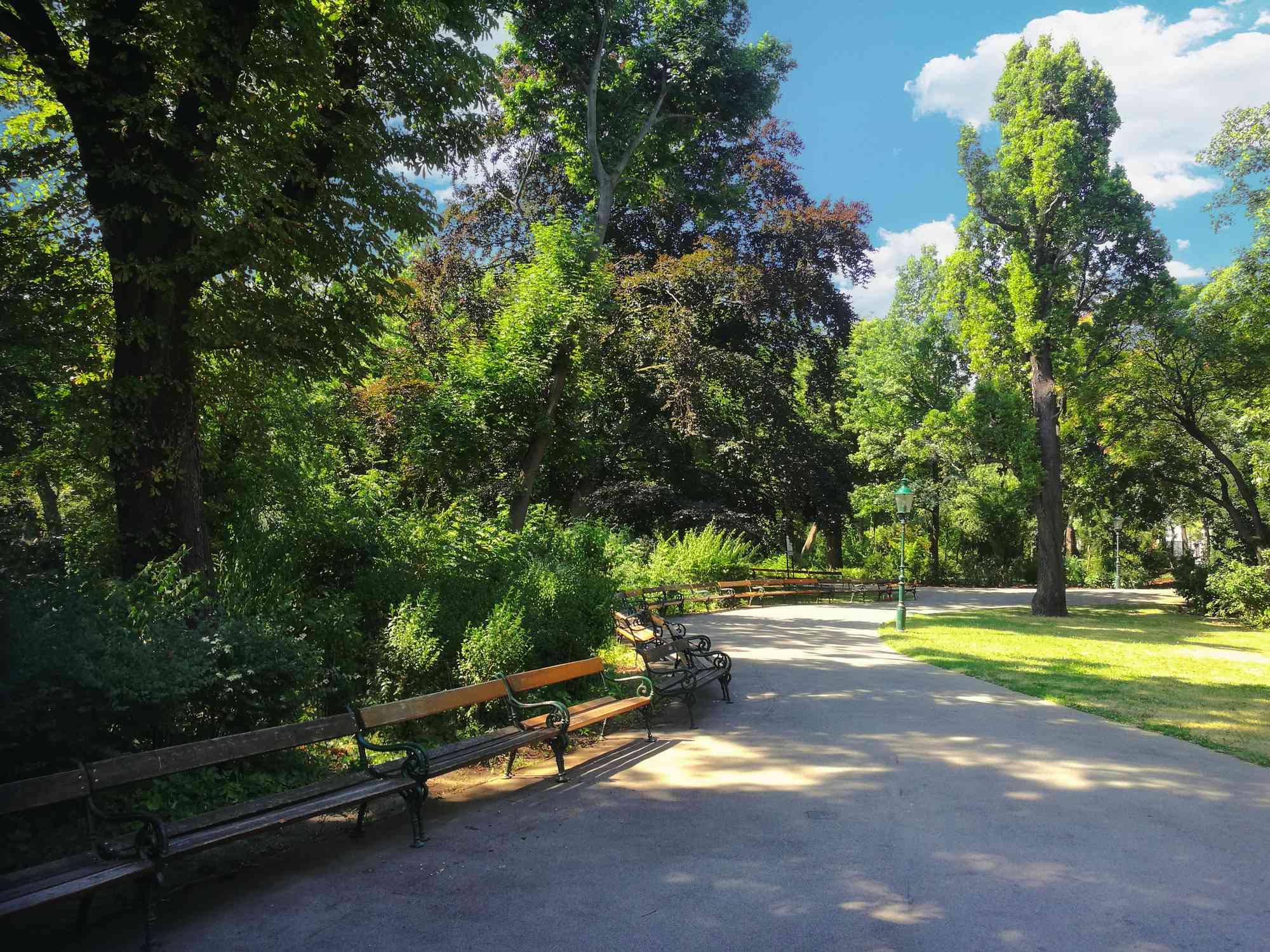 un sendero con varios bancos a la sombra bajo grandes y verdes árboles y pequeños arbustos en el Stadtpark de Viena bajo un cielo azul con nubes blancas en un día de verano