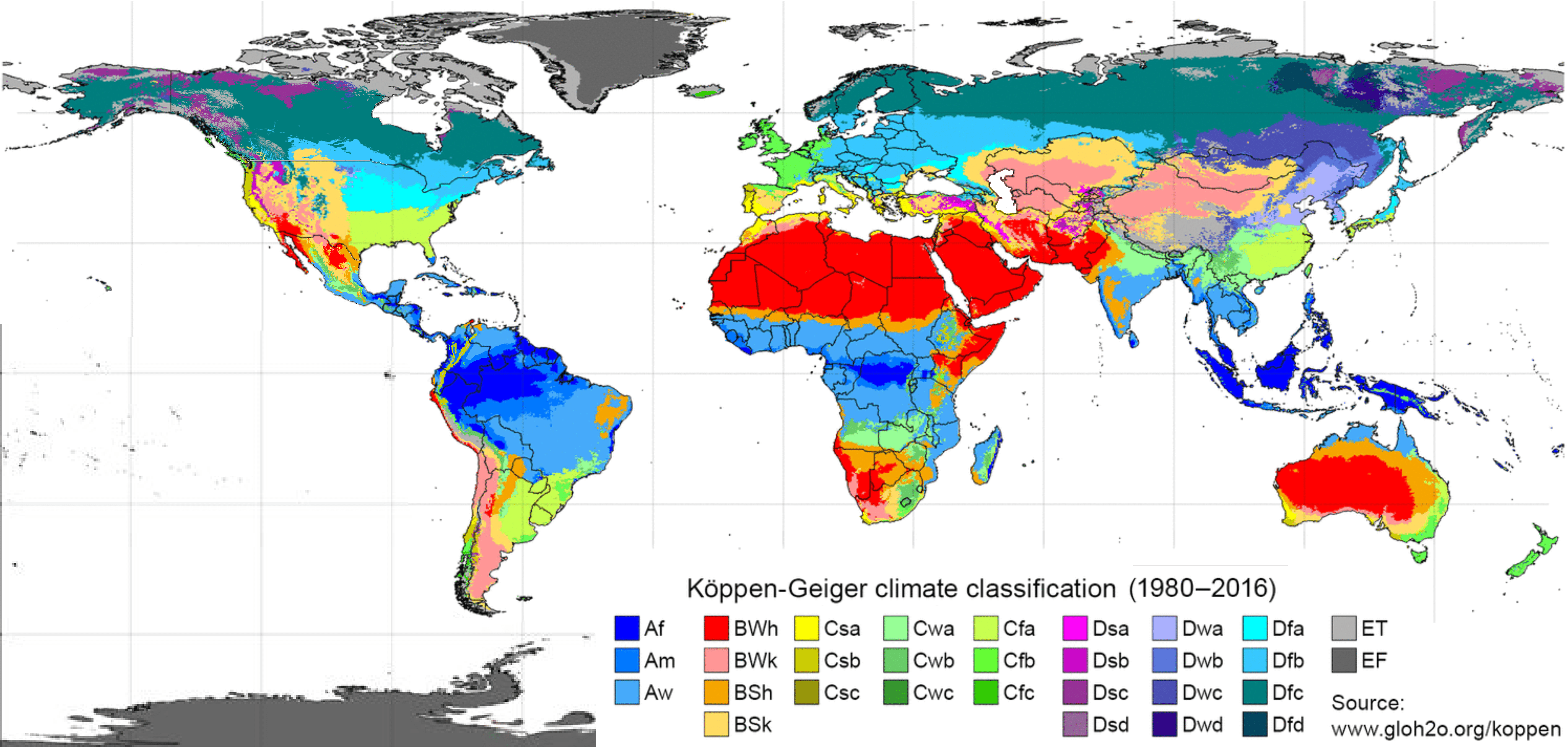 Mapa mundial de las zonas climáticas de 1960 a 2016