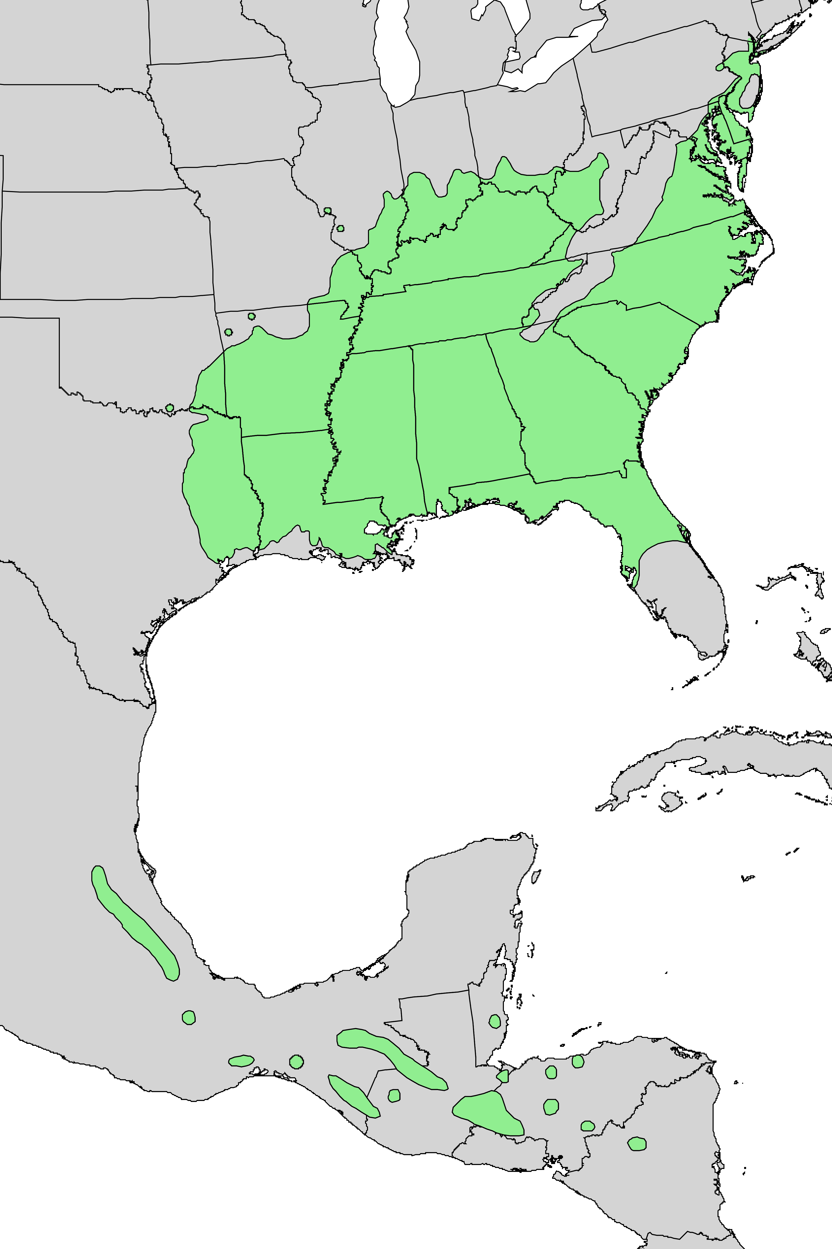 Mapa de distribución natural del Sweetgum