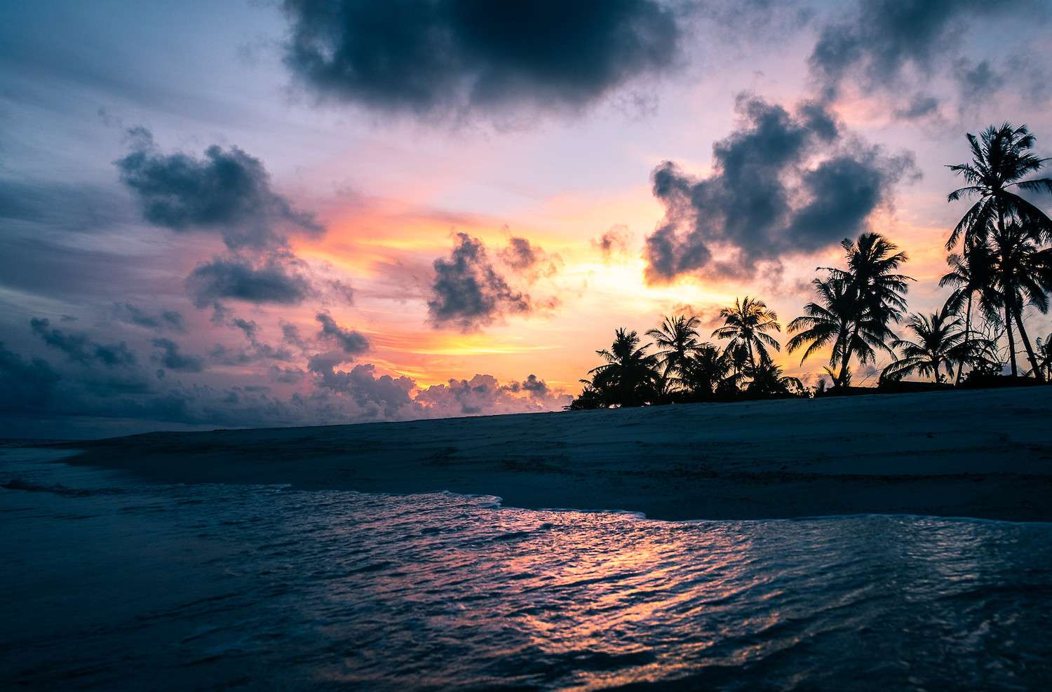 La puesta de sol de una playa con palmeras en silueta en las Maldivas