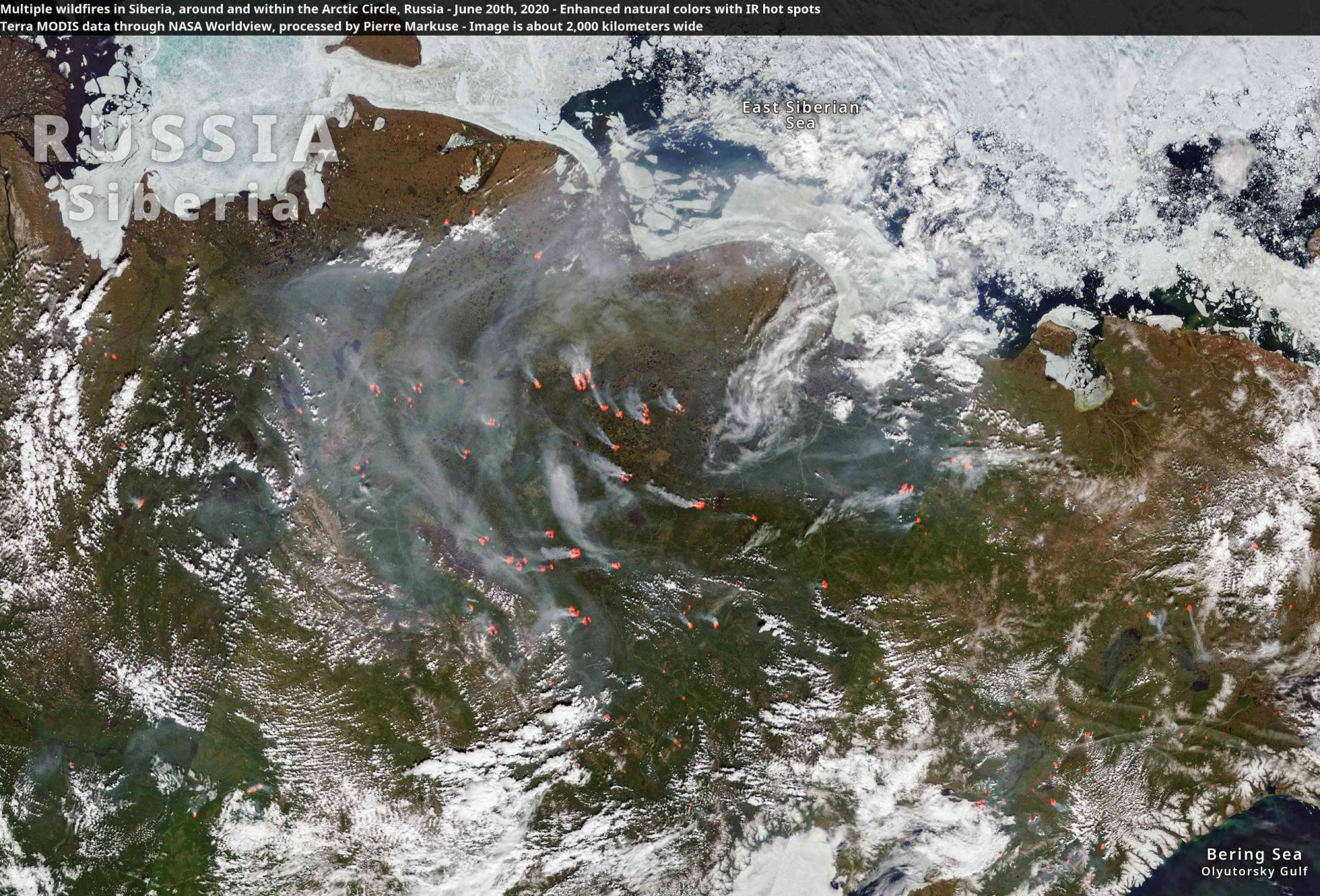 Múltiples incendios forestales salpican el Círculo Polar Ártico en Rusia, junio de 2020