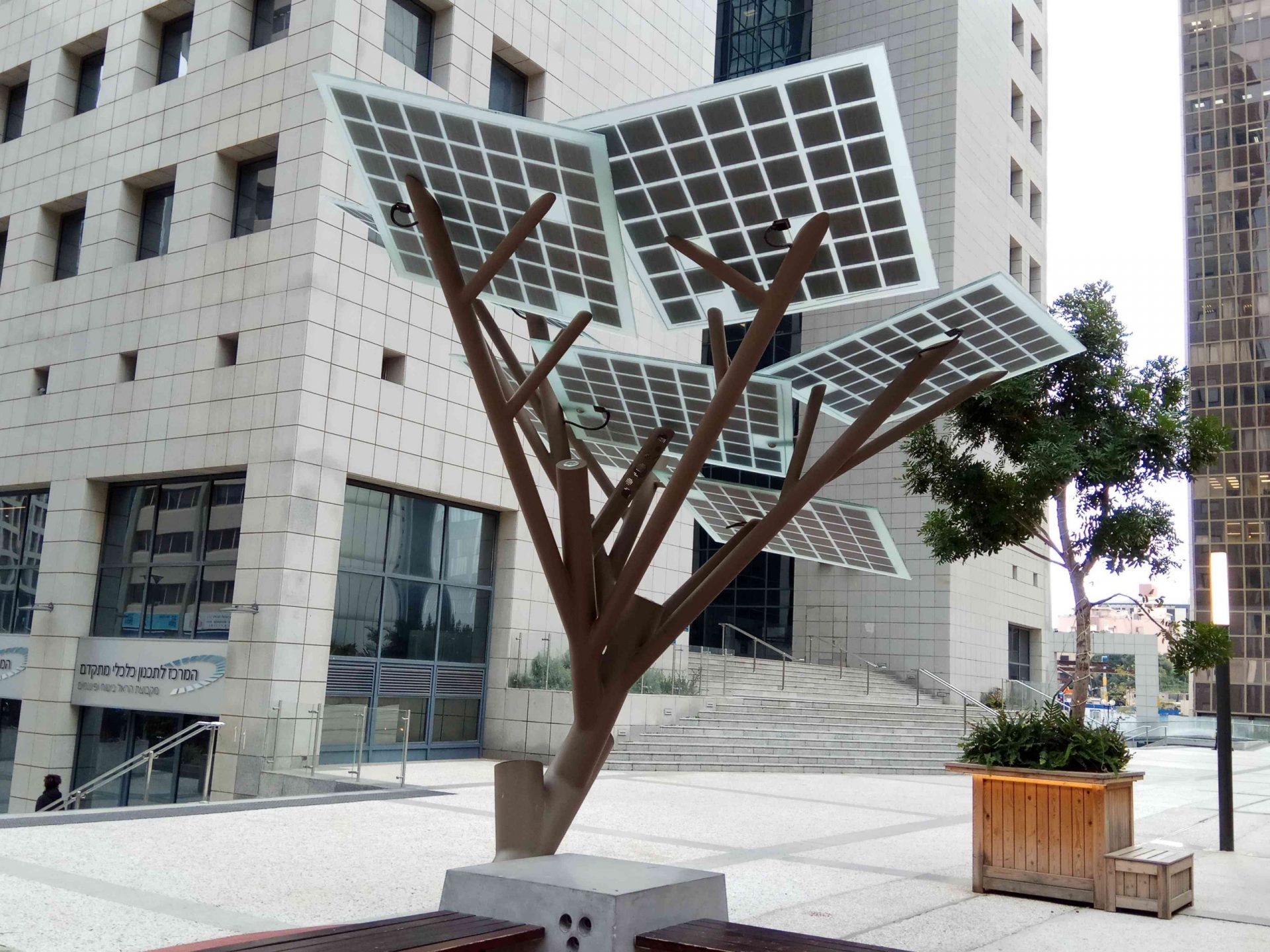 Un árbol solar en Ramat Gan tiene paneles solares cuadrados que se extienden desde las ramas que se conectan a un tronco central