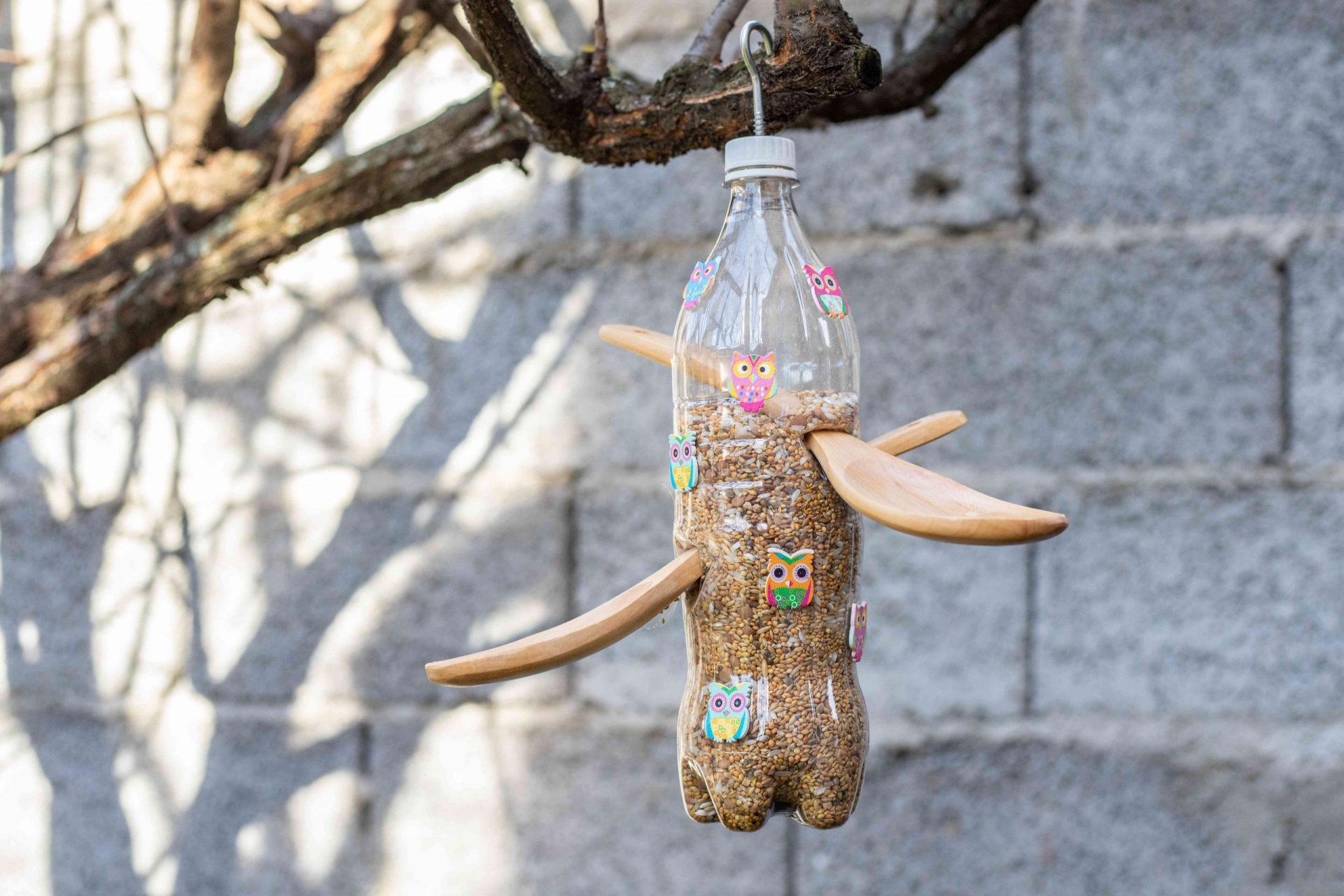 botella de agua de plástico reciclada como comedero para pájaros con cucharas de madera