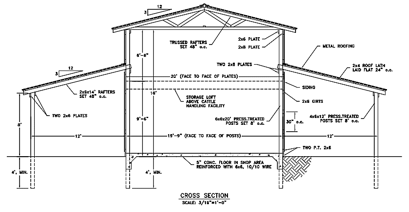 Dibujo de un plano de granero con cobertizos laterales