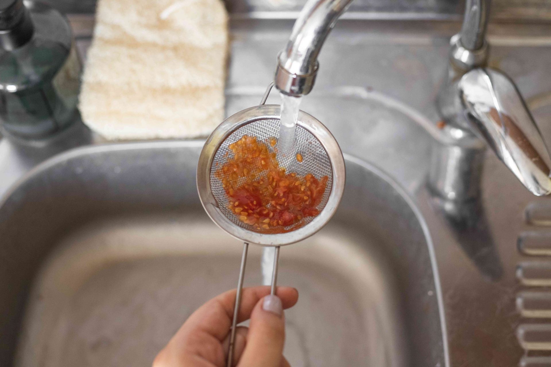las manos hacen correr agua fría del fregadero sobre las semillas de tomate fermentadas en un pequeño colador de plata