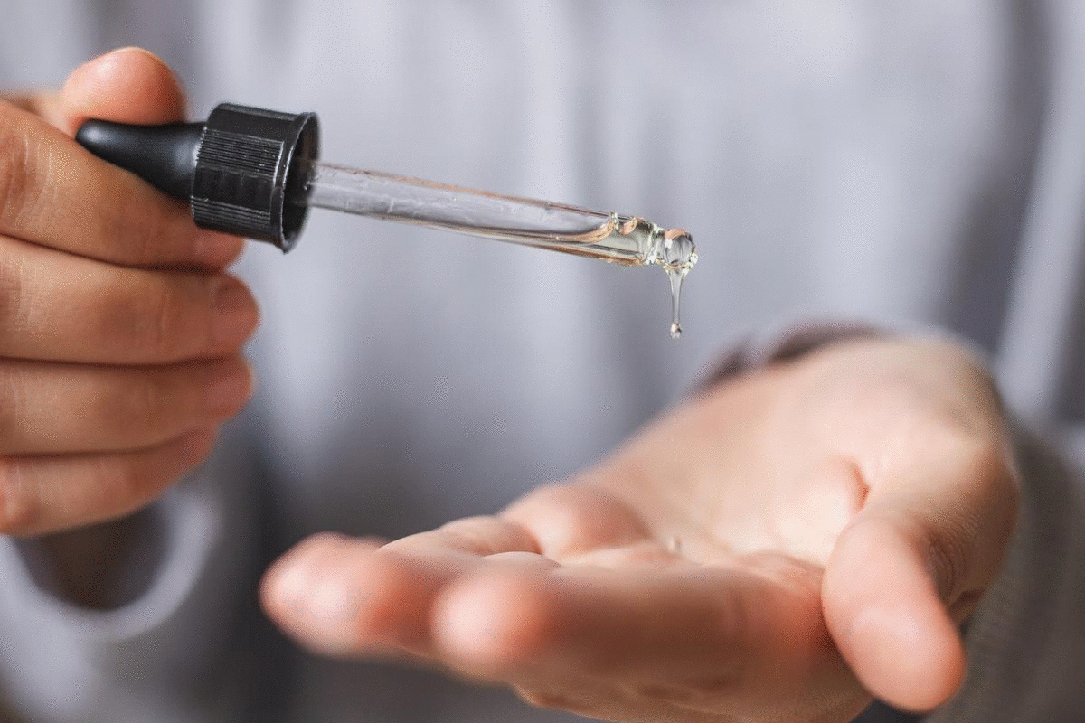 la mano exprime el aceite del gotero de cristal en la otra mano para la limpieza con aceite
