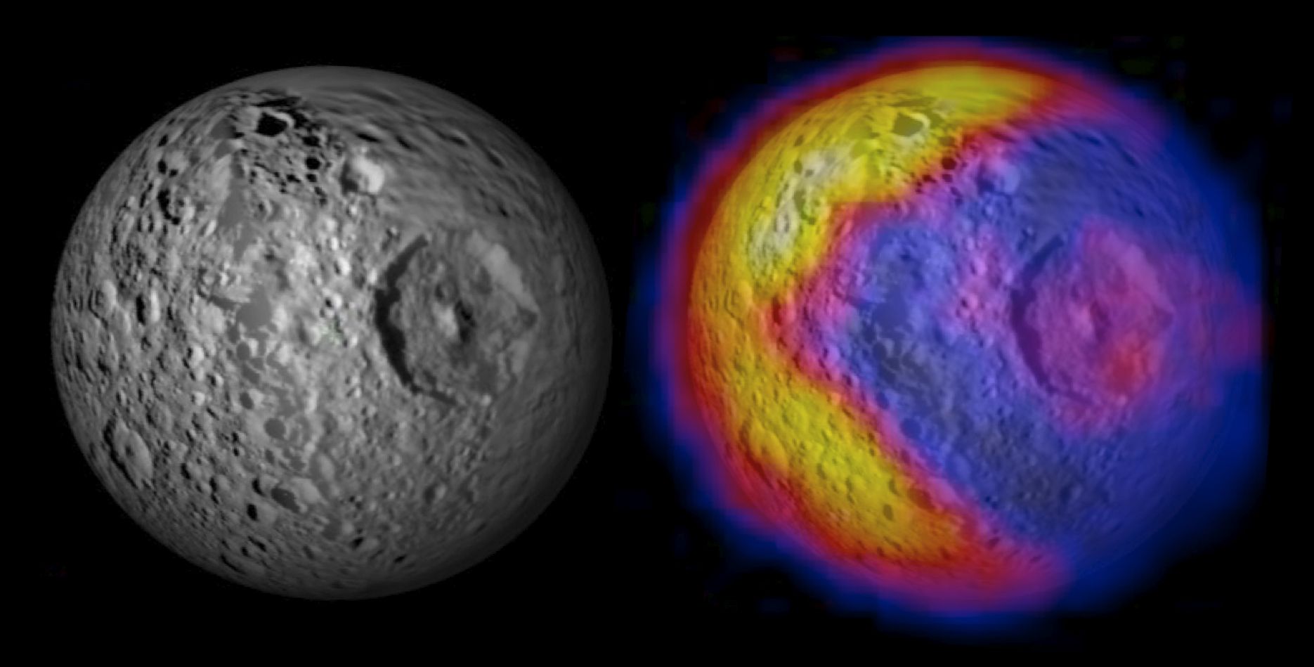 La pequeña luna interior de Saturno, Mimas, tiene temperaturas calientes y frías