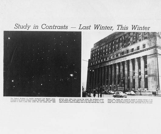 Un periódico de Pittsburgh ofrece un estudio en contraste del Edificio Federal el Martes Negro, noviembre de 1939 (izquierda), antes de las nuevas leyes sobre el humo. La imagen de la derecha lo muestra en noviembre de 1940, tras la aprobación de las leyes sobre el humo