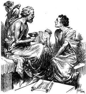 Un boceto de Sócrates durante una conferencia, sosteniendo una copa