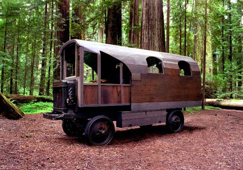 el Travel Log en el bosque, rodeado de árboles