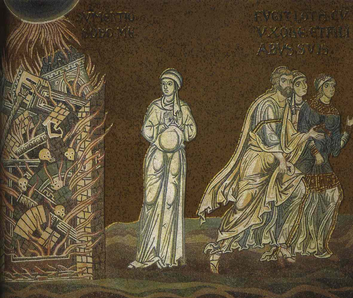 Una ilustración representa la destrucción de Sodoma y la huida de Lot y sus hijas
