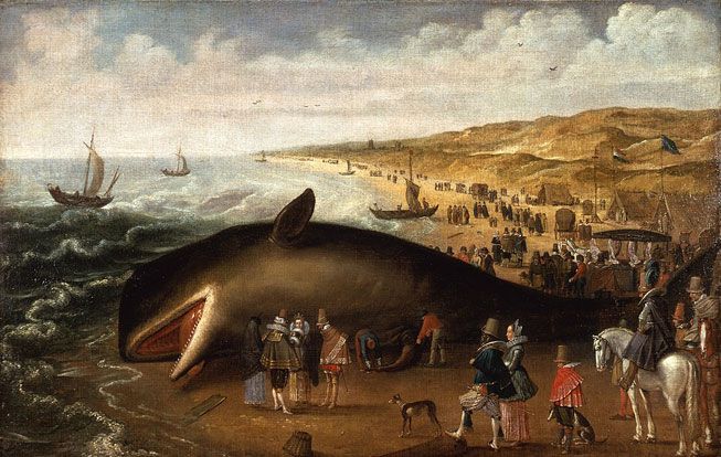 'La ballena varada entre Scheveningen y Katwijk, con elegantes mirones' pintada por Esaias van de Velde