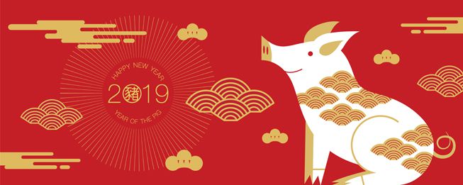 Una ilustración en rojo y oro para ilustrar el año 2019 del cerdo