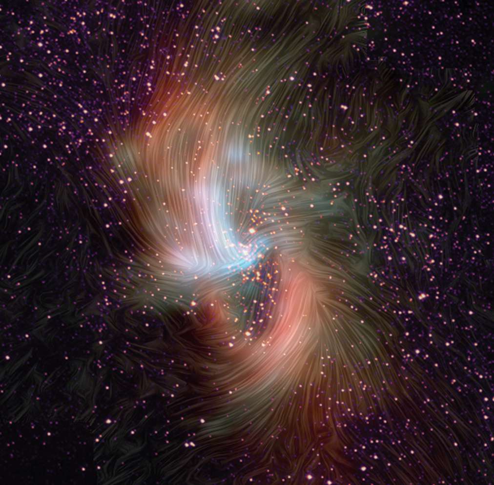 Líneas de corriente que muestran los campos magnéticos en capas sobre una imagen en color del anillo polvoriento que rodea el enorme agujero negro de la Vía Láctea