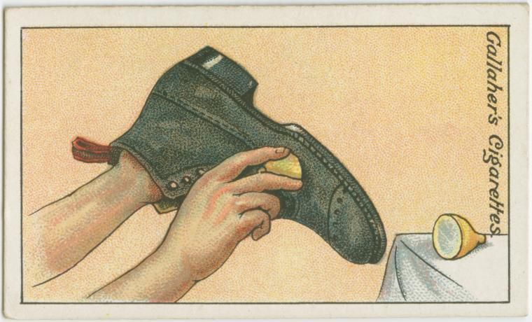 Truco de limpieza de zapatos mostrado en un cartel de 1900