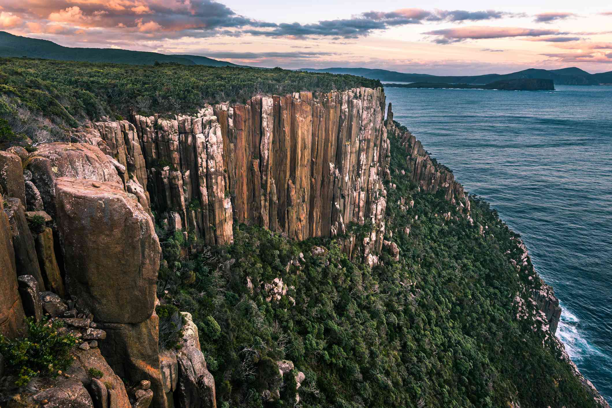 Columnas de basalto cubiertas de vegetación que forman acantilados junto al mar en Tasmania