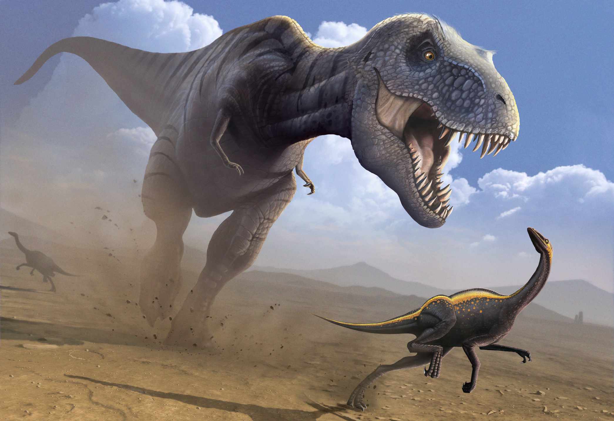 obra de arte de un tiranosaurio rex corriendo tras un dinosaurio más pequeño con la boca abierta