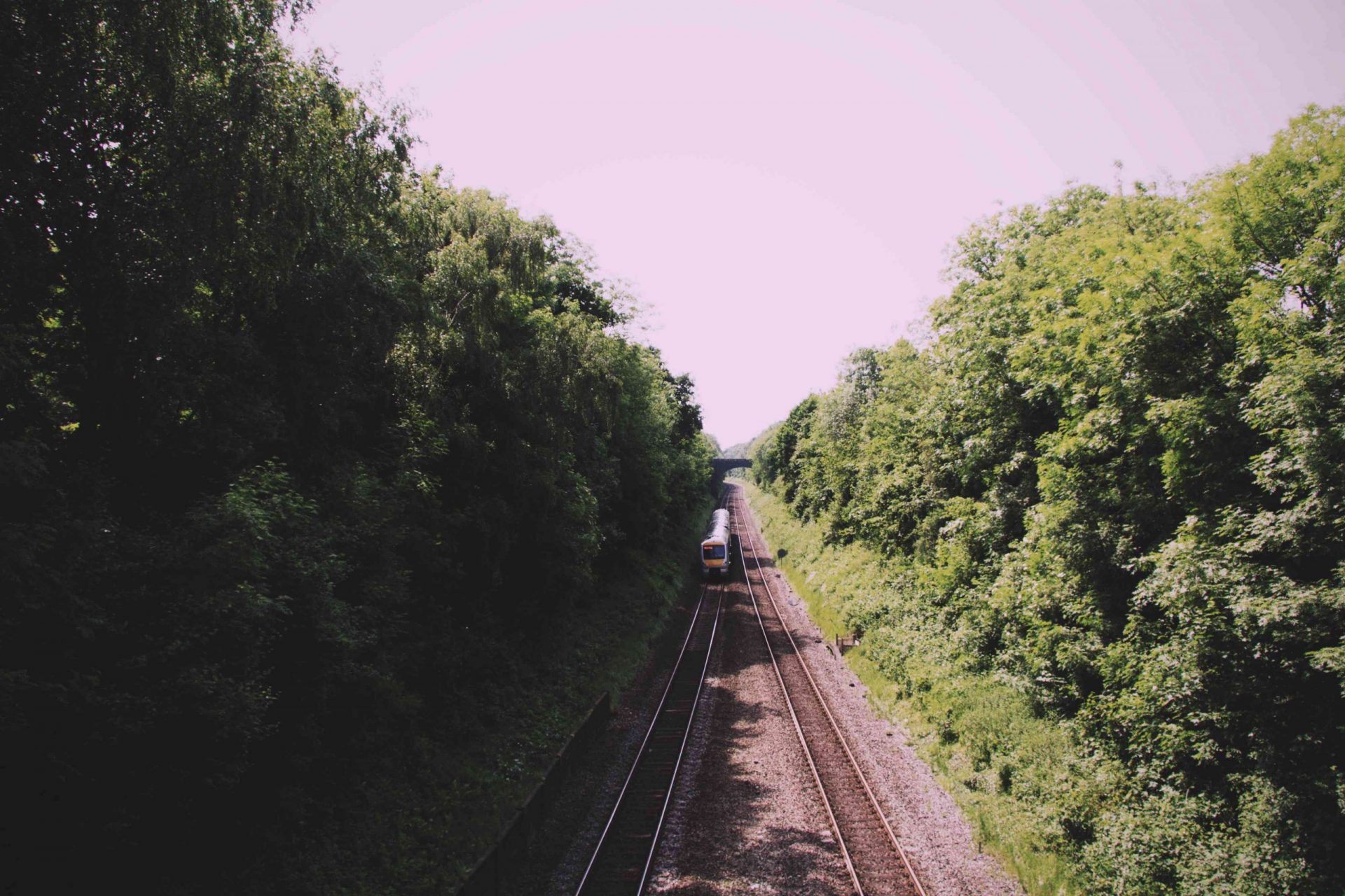 Vista sobre la línea de ferrocarril con árboles a cada lado