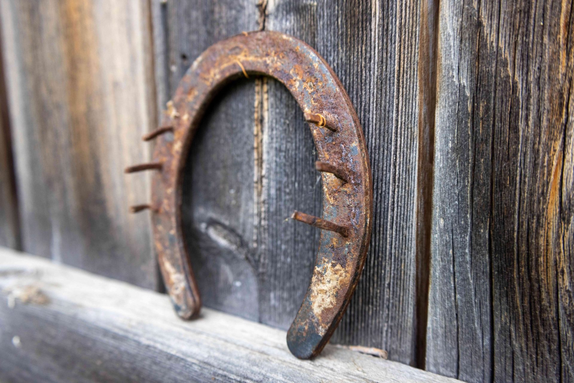 vieja herradura oxidada apoyada en una valla de madera