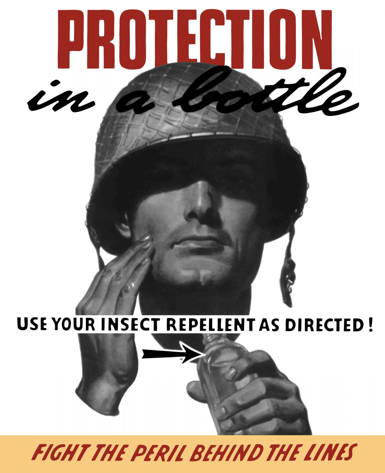 Cartel de propaganda de la Segunda Guerra Mundial de un soldado aplicando repelente de insectos